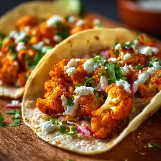 Buffalo Cauliflower Tacos garnished with fresh veggies and sauces