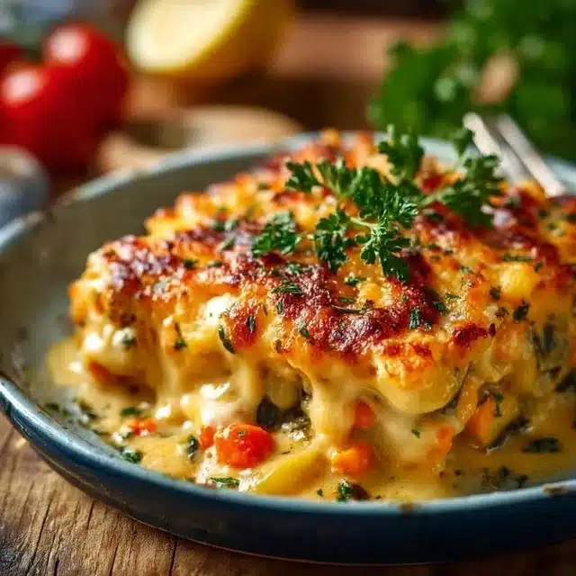 Cheesy root vegetable gratin topped with melted cheese and breadcrumbs