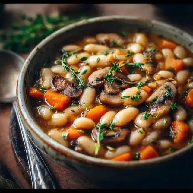 Cozy White Bean Mushroom Stew (Vegan) 5 Cozy vegan white bean mushroom stew served in a rustic bowl