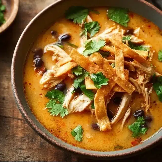 Creamy chicken tortilla soup with fresh toppings in a bowl