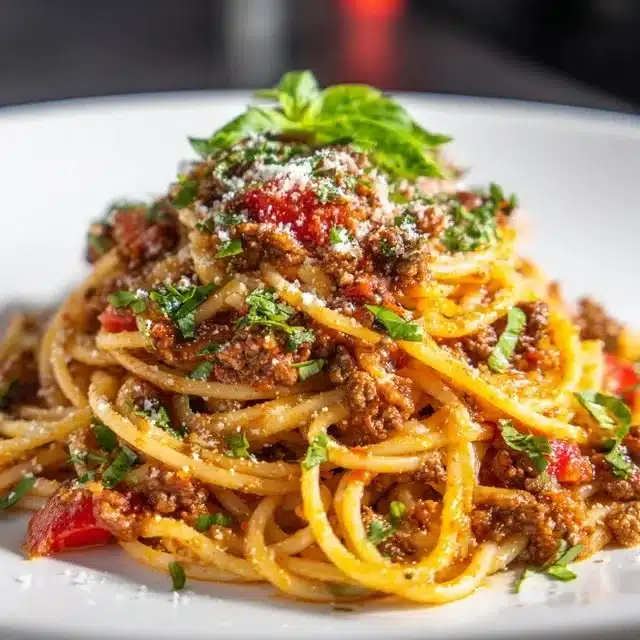 Plate of Ground Beef Orzo with Tomato Cream Sauce garnished with herbs