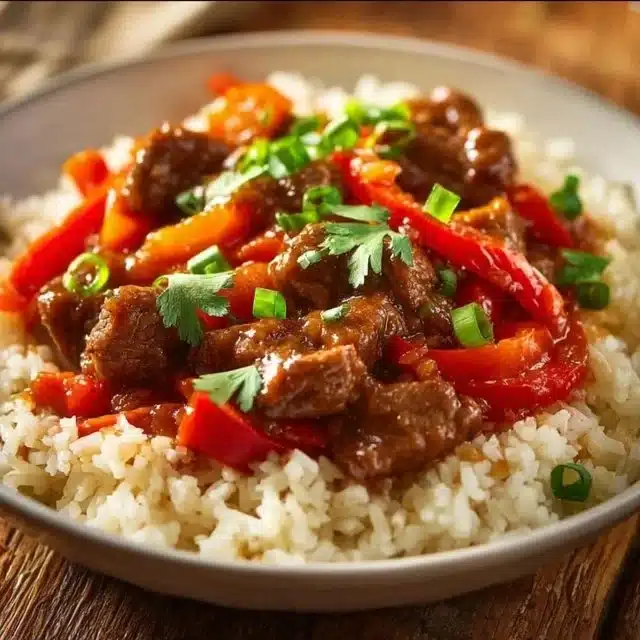 Delicious pepper steak cooked in a crock pot, served with vegetables.