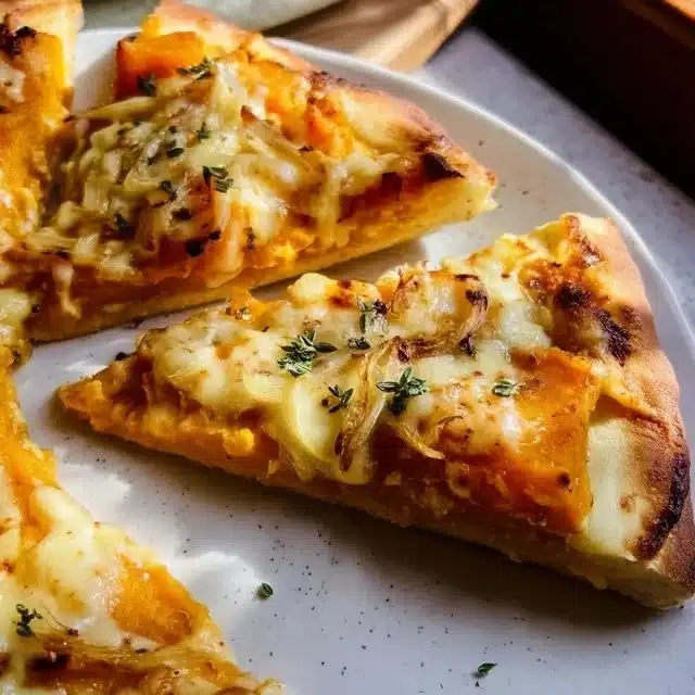 5 ingredient pumpkin and Gouda pizza fresh from the oven