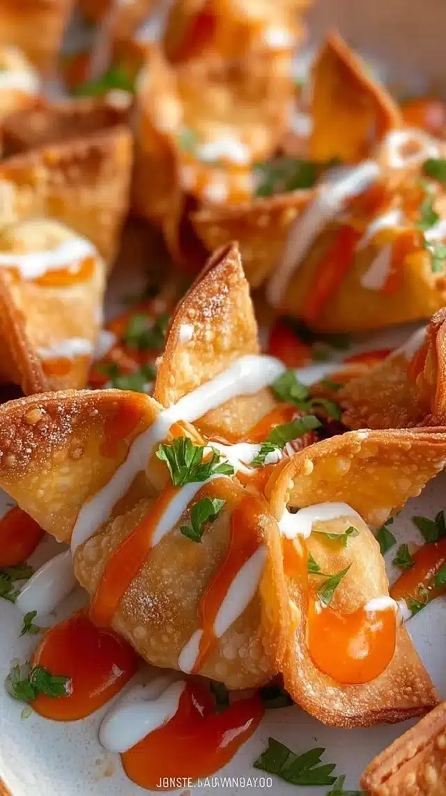 Air Fryer Buffalo Chicken Wontons served on a plate with dipping sauce