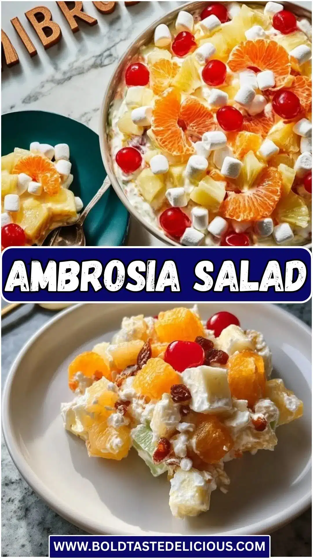 Delicious Ambrosia Salad made with fruits, cream, and marshmallows