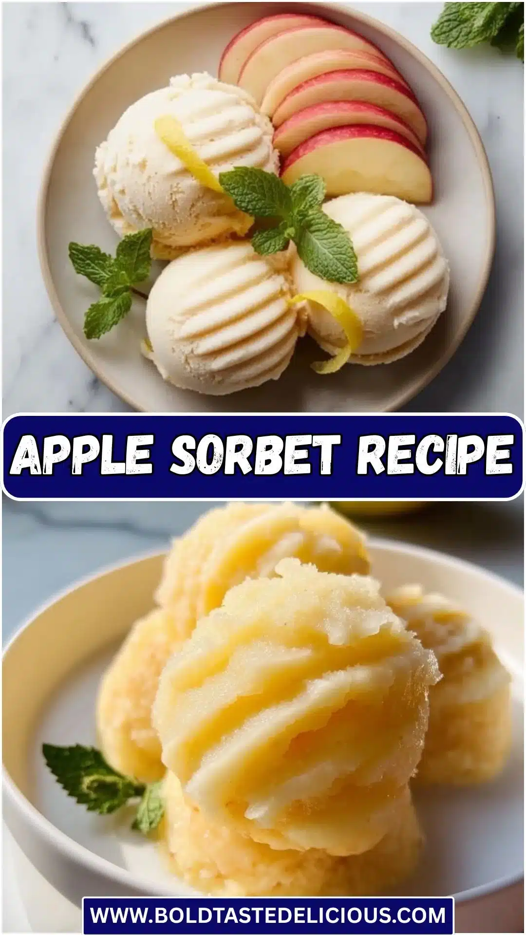 Bowl of refreshing homemade apple sorbet with fresh apple slices on top