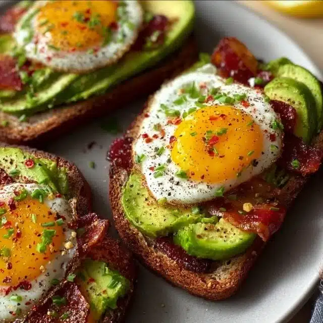 Avocado Bacon and Egg Toasts topped with fresh ingredients on a wooden table
