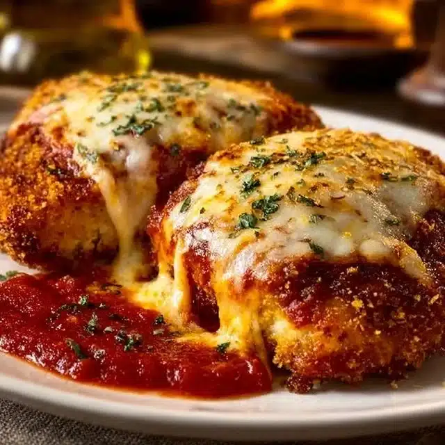 Delicious baked chicken parmesan served with marinara sauce and melted cheese