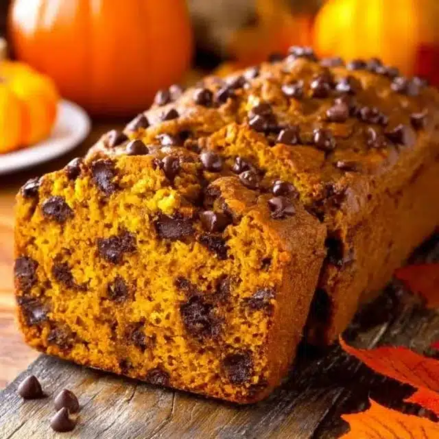 Delicious chocolate chip pumpkin bread sliced on a wooden board.