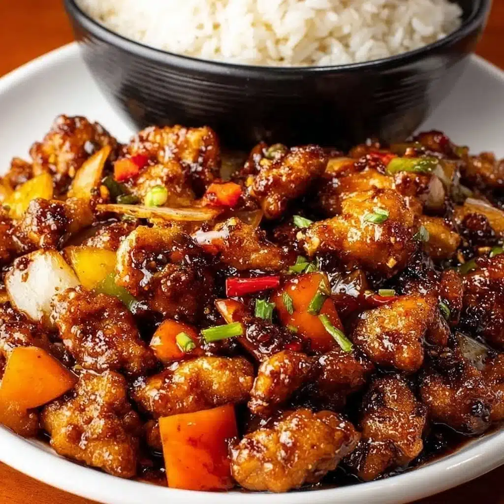 Black Pepper Chicken Recipe 4 Plate of savory Black Pepper Chicken recipe served with white rice and vegetables.