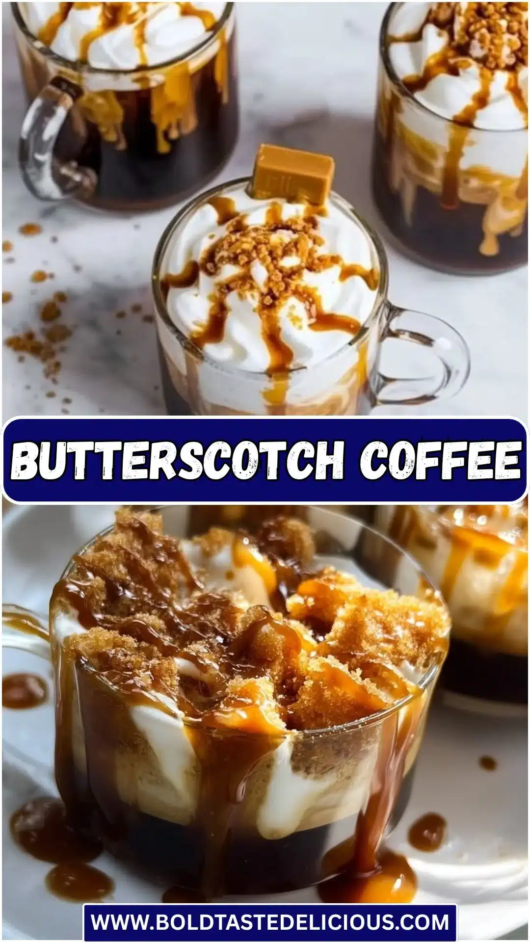 A cup of delicious butterscotch coffee topped with whipped cream.
