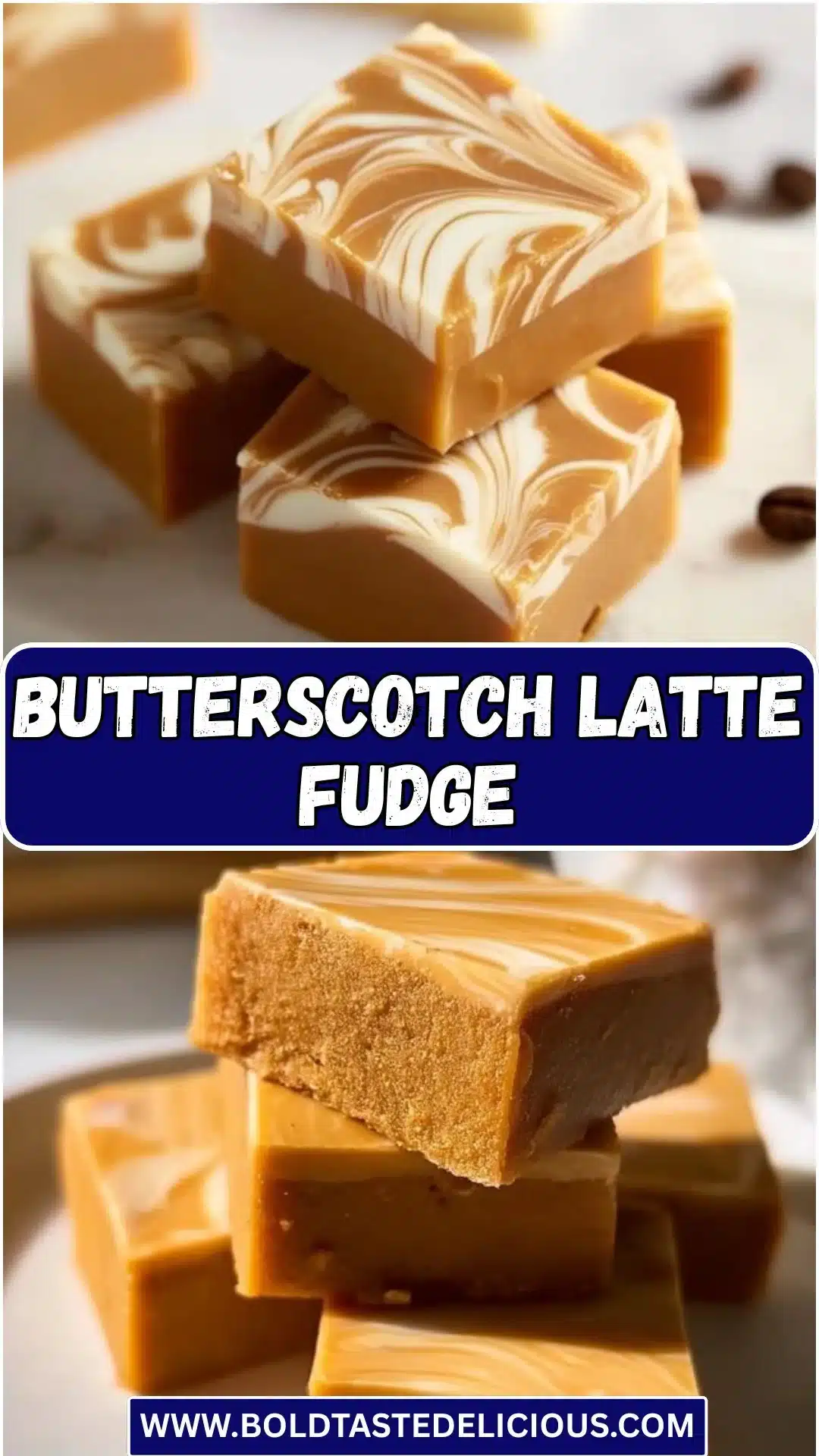Butterscotch latte fudge topped with caramel drizzle and nuts