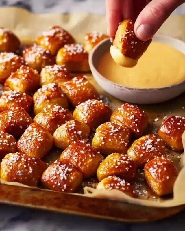 Buttery soft pretzel bites served with a dipping sauce