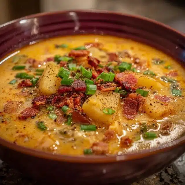 Bowl of creamy Cajun Potato Soup garnished with herbs.