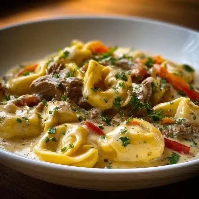 Cheesesteak Tortellini in Creamy Provolone Sauce 5 Cheesesteak tortellini in creamy provolone sauce served in a bowl