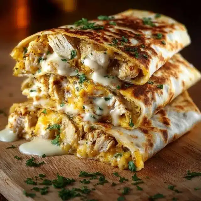 Delicious cheesy chicken wrap filled with fresh ingredients and melted cheese