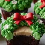 Chocolate wreath cupcakes decorated for the holidays
