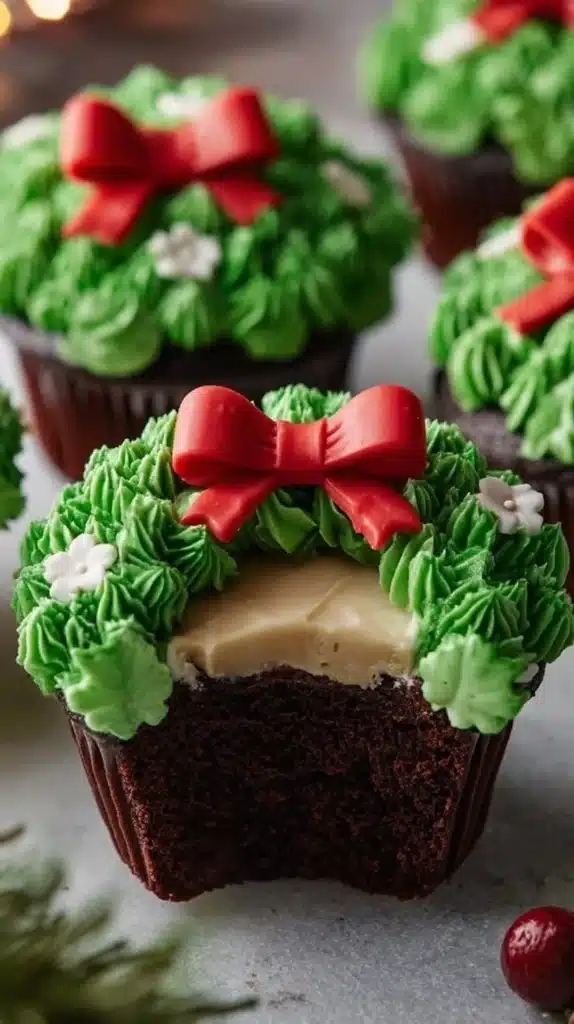 Chocolate wreath cupcakes decorated for the holidays