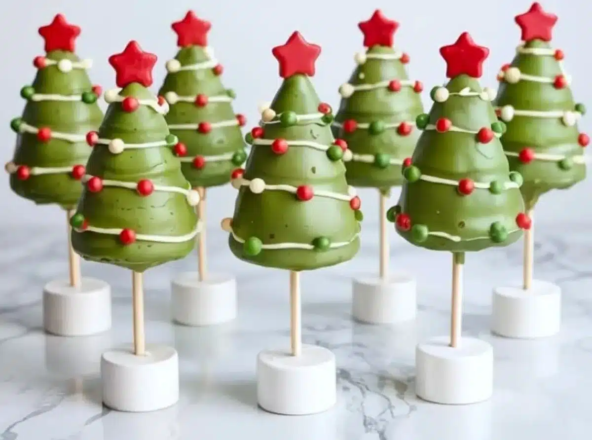 Christmas tree cake pops decorated with green icing and festive sprinkles