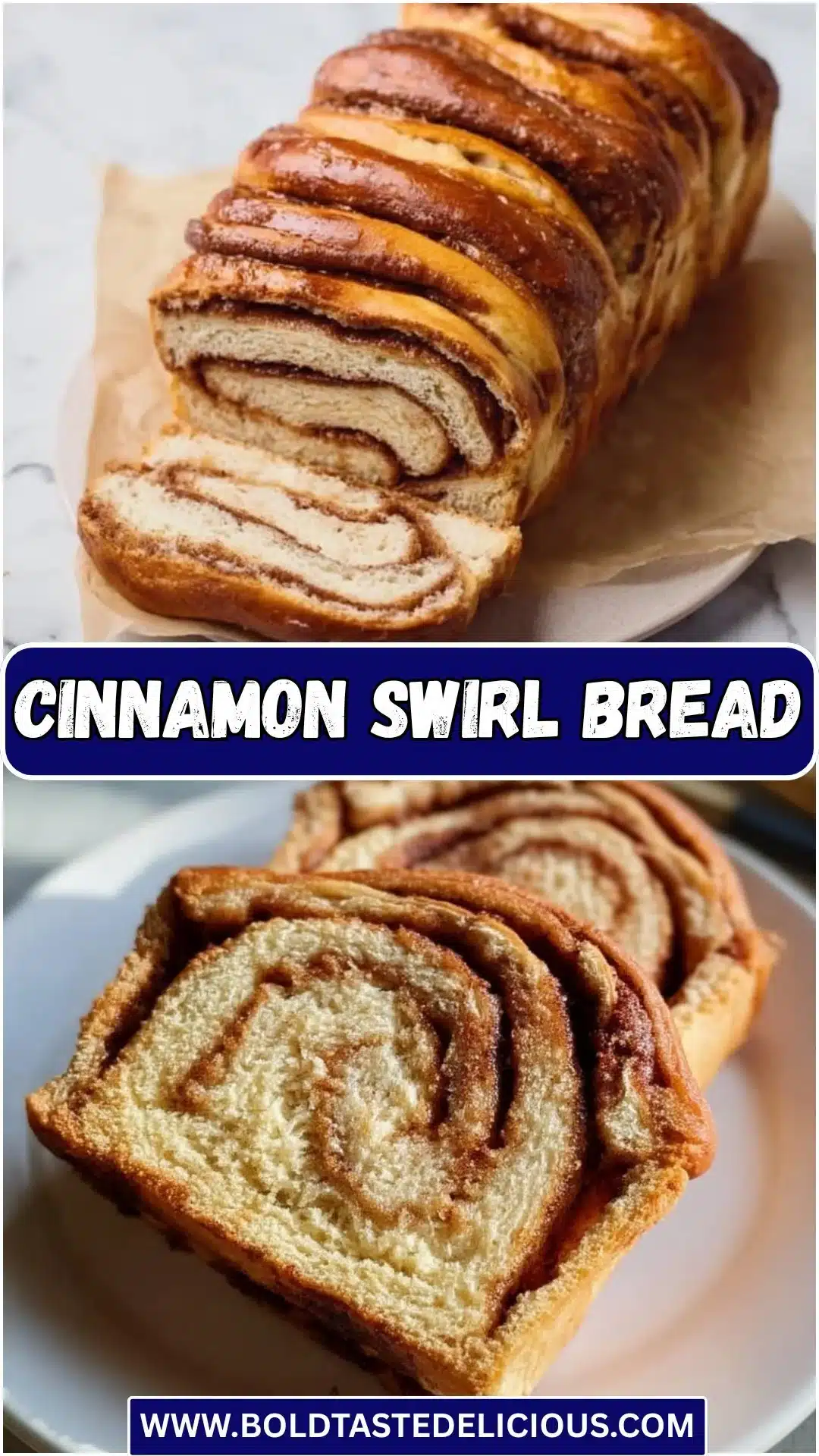 Freshly baked cinnamon swirl bread with a golden crust and gooey cinnamon filling.