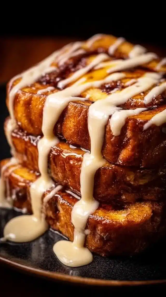 Freshly baked cinnamon swirl bread with custard bath and glaze on top