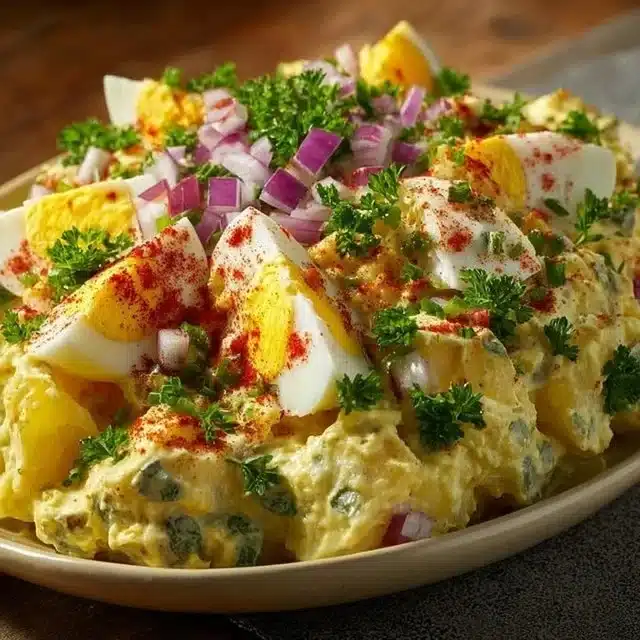 Classic Creamy Potato Salad 5 Bowl of Classic Creamy Potato Salad garnished with herbs