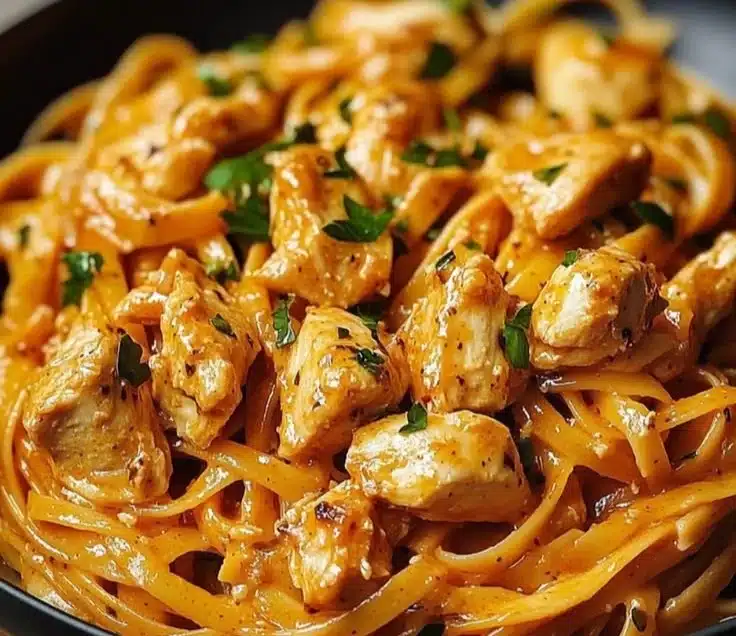 Delicious Cowboy Butter Chicken Linguine served in a bowl with fresh herbs