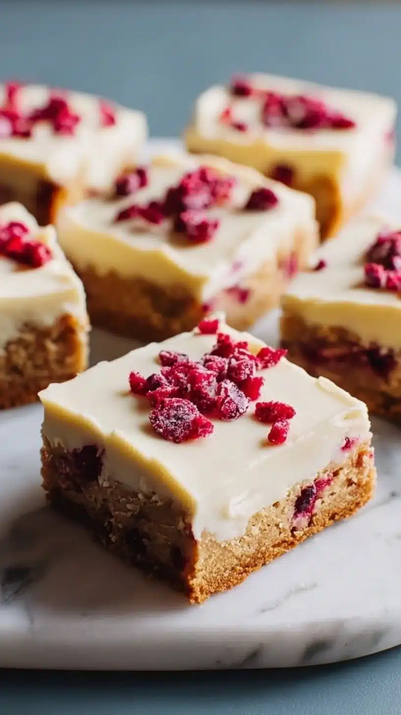 Homemade Cranberry Bliss Bars with cranberries and cream cheese frosting