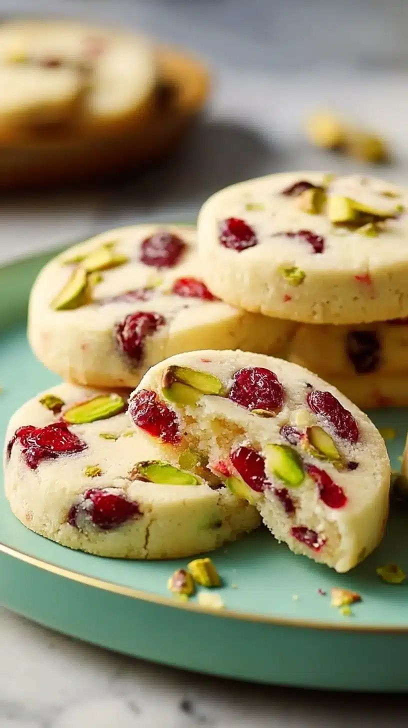 Cranberry pistachio shortbread cookies on a decorative plate