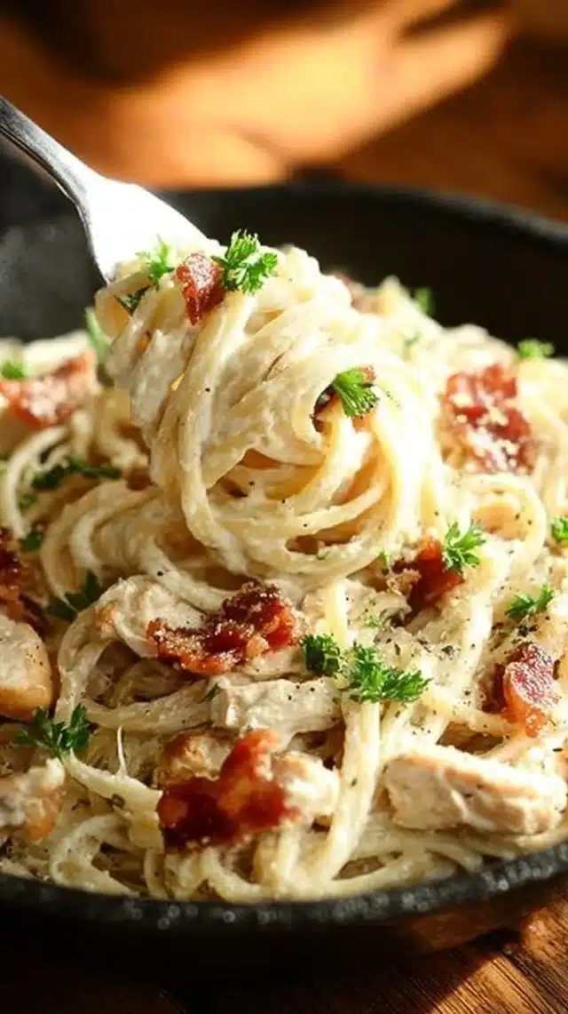 Delicious Cream Cheese Bacon Chicken Pasta garnished with herbs and cheese