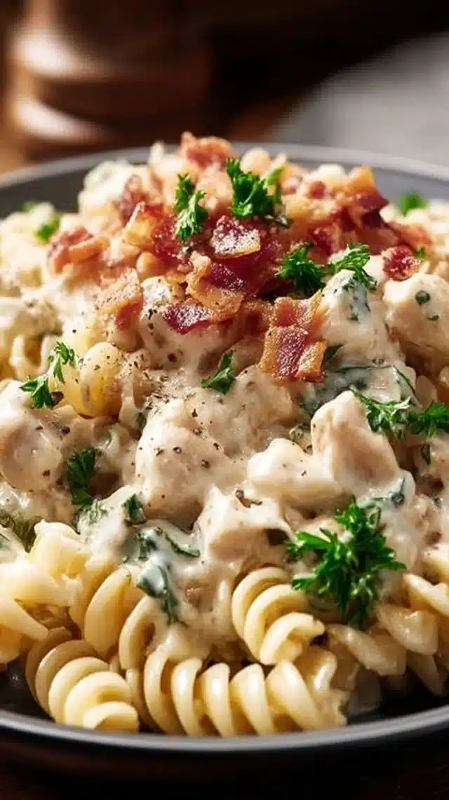 Delicious creamy bacon ranch chicken pasta served in a bowl