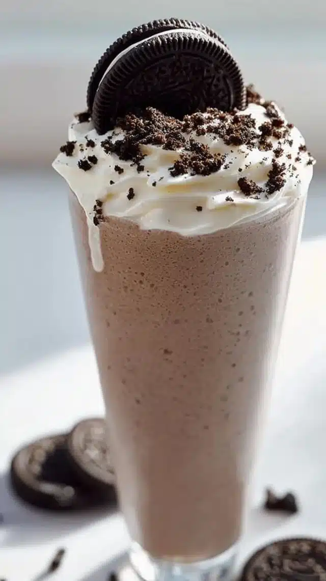 Creamy Oreo milkshake topped with whipped cream and crushed Oreos