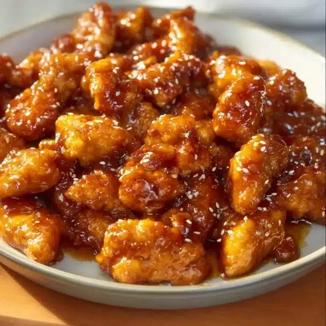 Crispy Sesame Chicken served with a side of vegetables in a delicious sauce