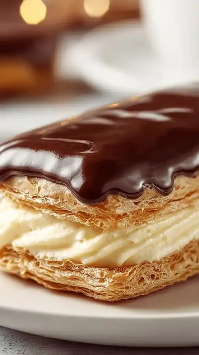 Decadent chocolate eclair dessert with rich chocolate filling and cream