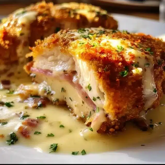 Deliciously creamy Chicken Cordon Bleu served on a plate with sides