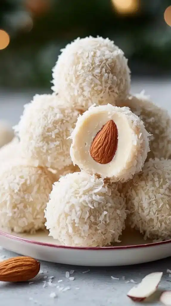 Delicious easy coconut almond truffles made with chocolate and coconut flakes.