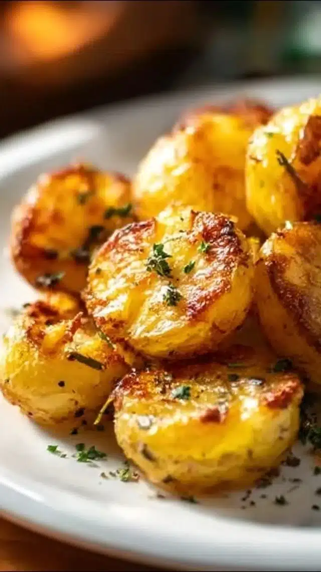 Easy crispy garlic smashed potatoes served on a plate