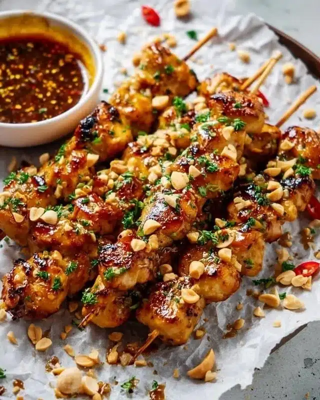 Easy grilled Asian chicken skewers drizzled with honey garlic sauce on a plate.