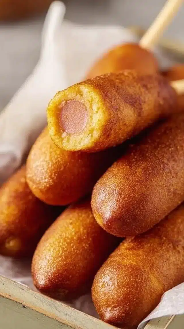 Easy homemade corn dogs served with mustard and ketchup for dipping