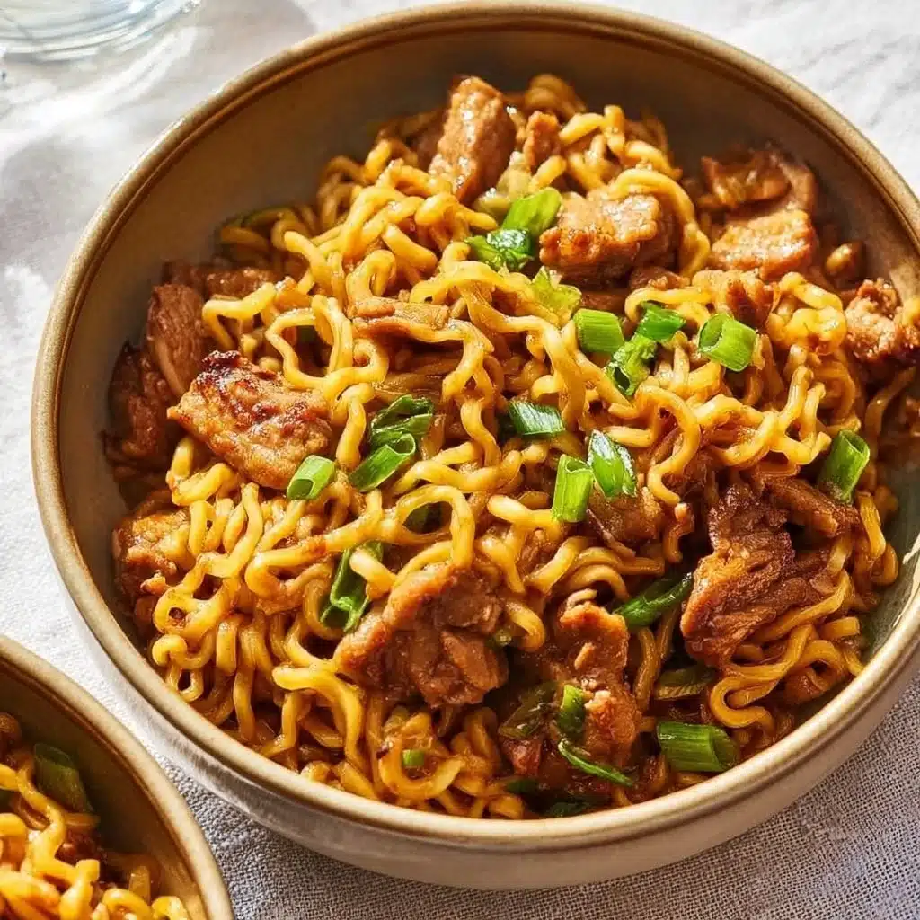 Bowl of easy spicy pork noodles with vegetables and herbs