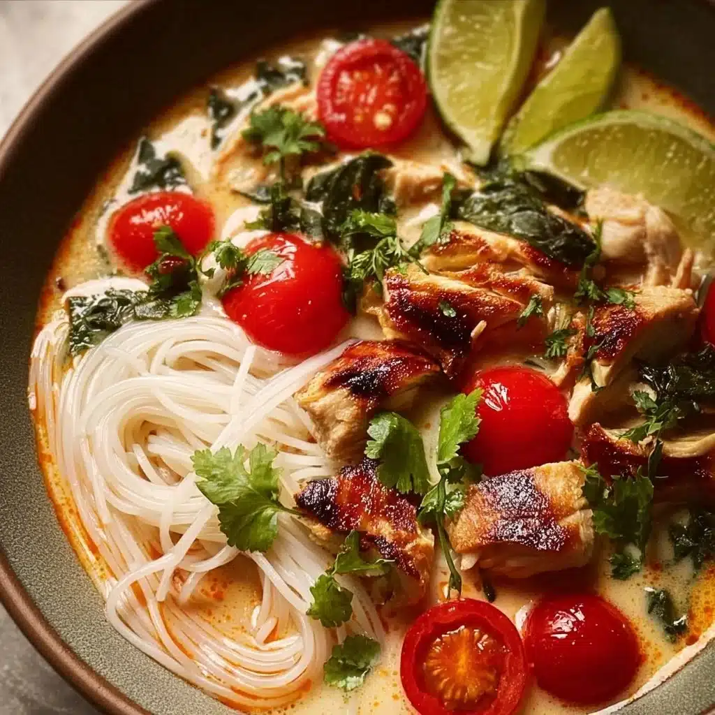 Easy Thai Chicken Soup 4 A bowl of easy Thai chicken soup garnished with herbs and lime slices