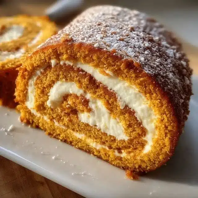 Delicious fall pumpkin spice roll cake topped with cream cheese frosting