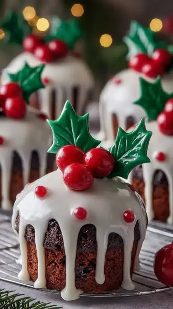 Festive Christmas pudding cupcakes with a vanilla glaze on top.