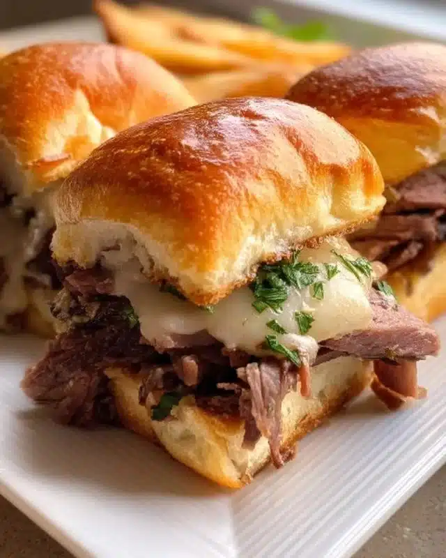 French Dip Sliders 4 Savory French Dip Sliders with beef and dipping sauce
