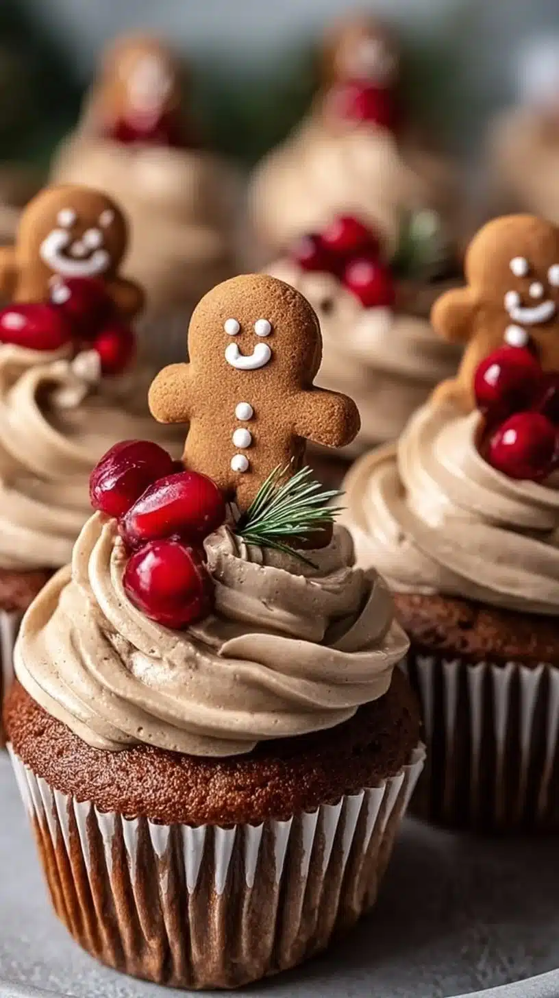 Gingerbread Cupcakes with Cinnamon Buttercream and Pomegranate 2 Gingerbread cupcakes with cinnamon buttercream and pomegranate on a festive plate