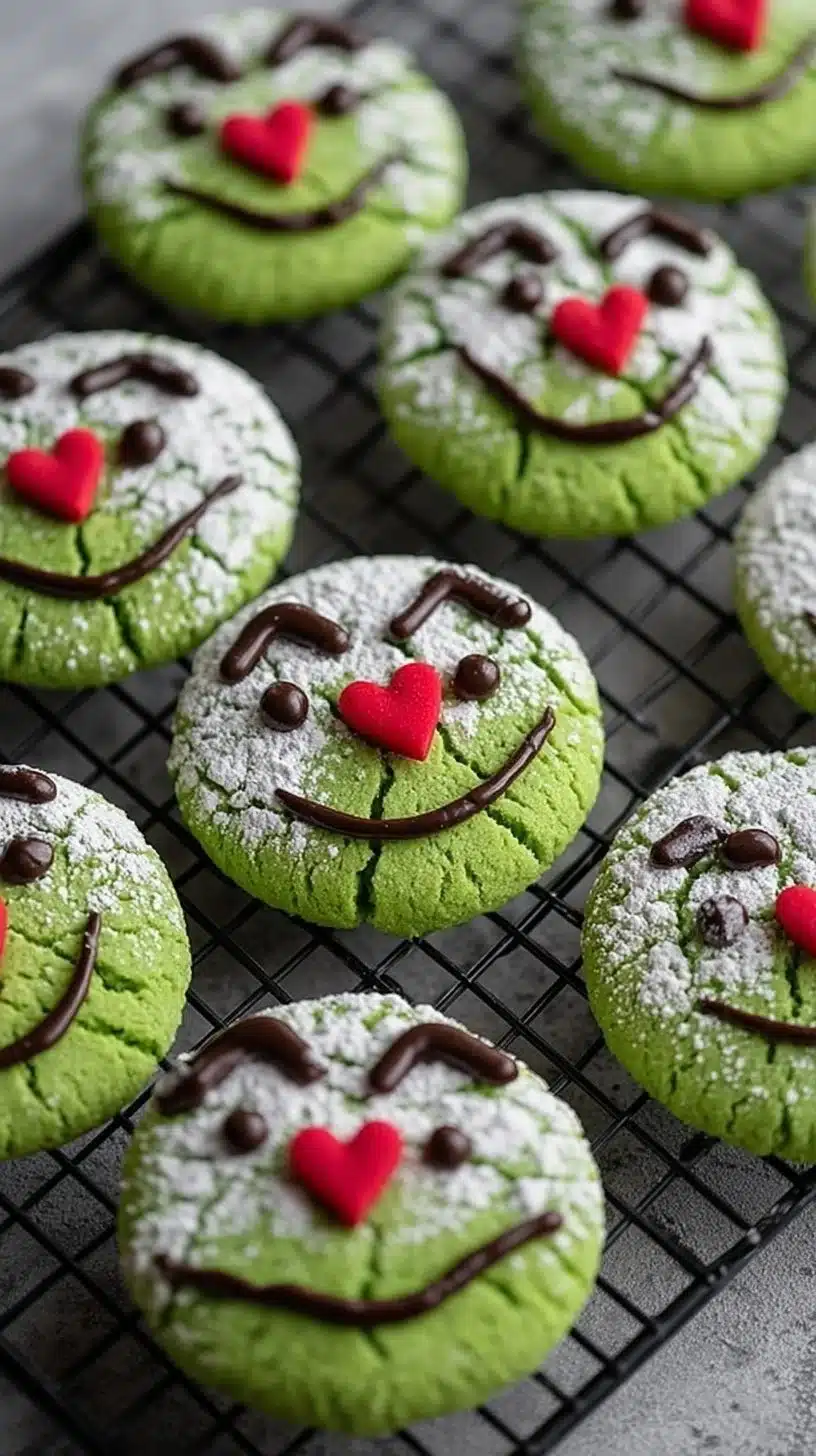 Delicious Grinch Crinkle Cookies on a holiday plate