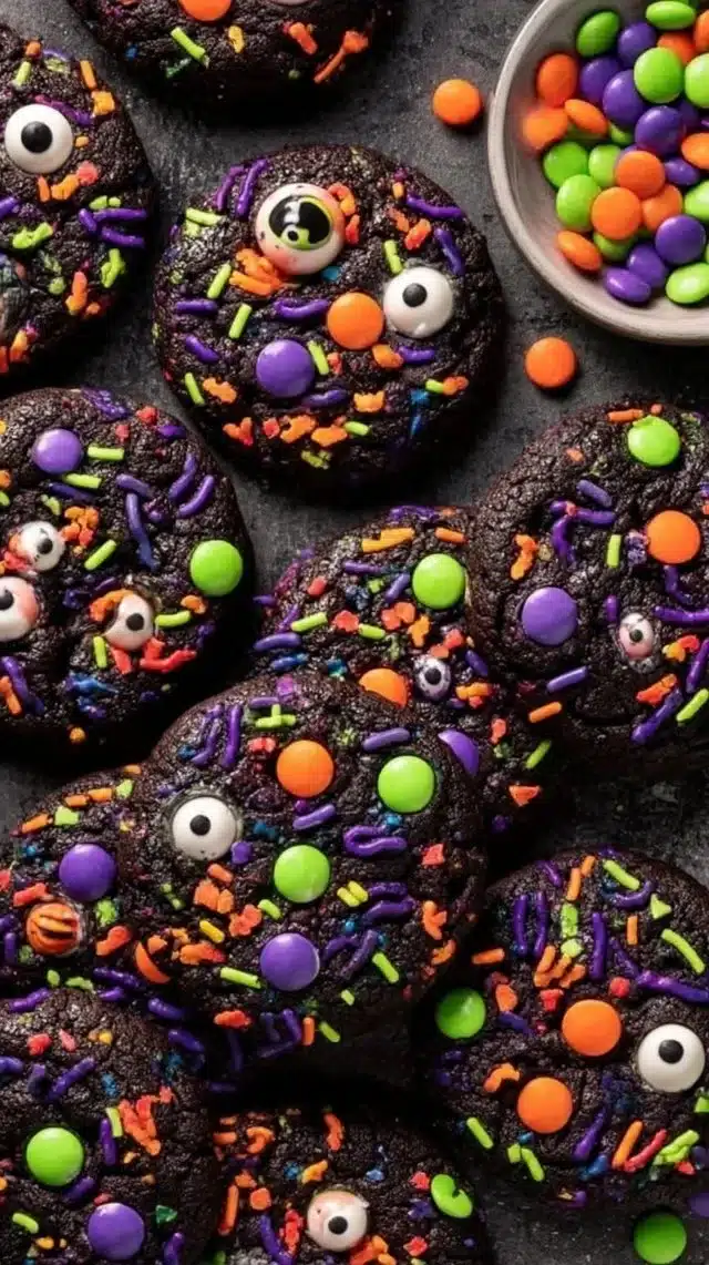 Colorful Halloween cookies shaped as ghosts, pumpkins, and bats on a table.