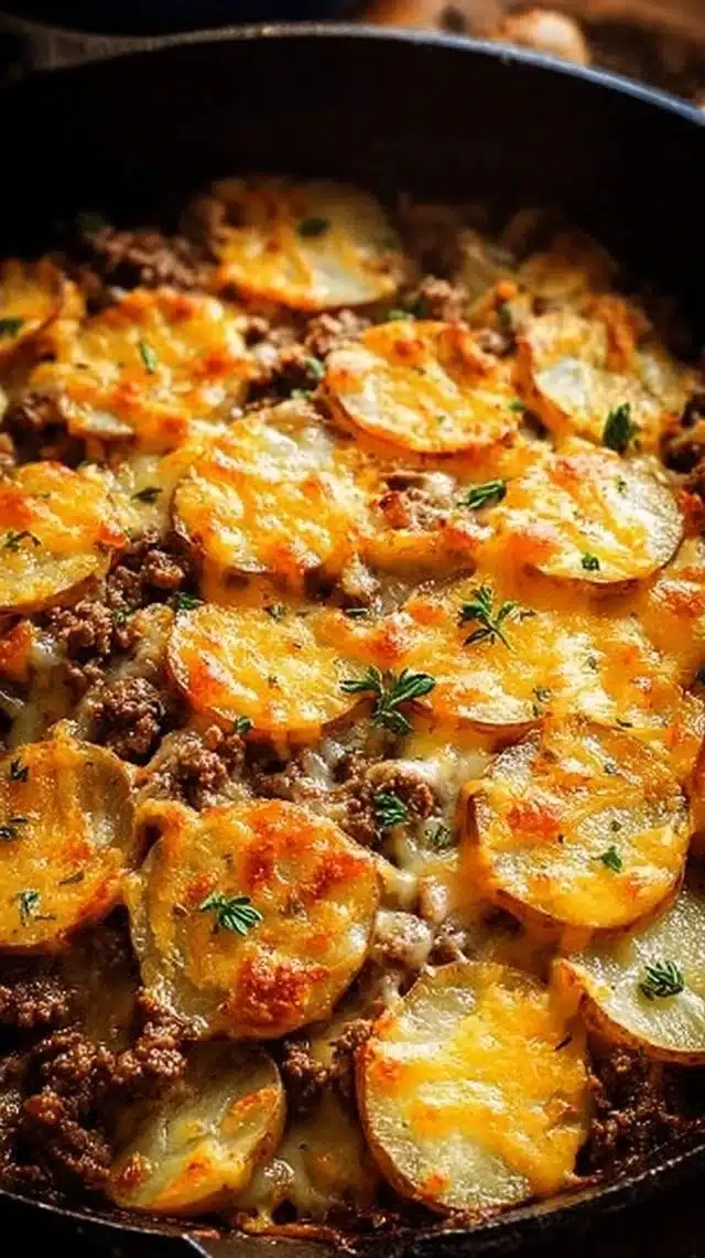 Hearty ground beef and potato skillet dish served in a cast-iron pan