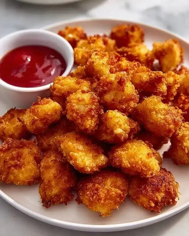 Plate of homemade popcorn chicken with dipping sauce
