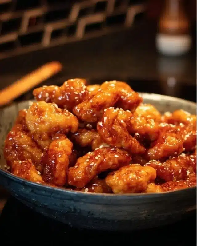 Plate of homemade Honey Sesame Chicken with vegetables and sesame seeds